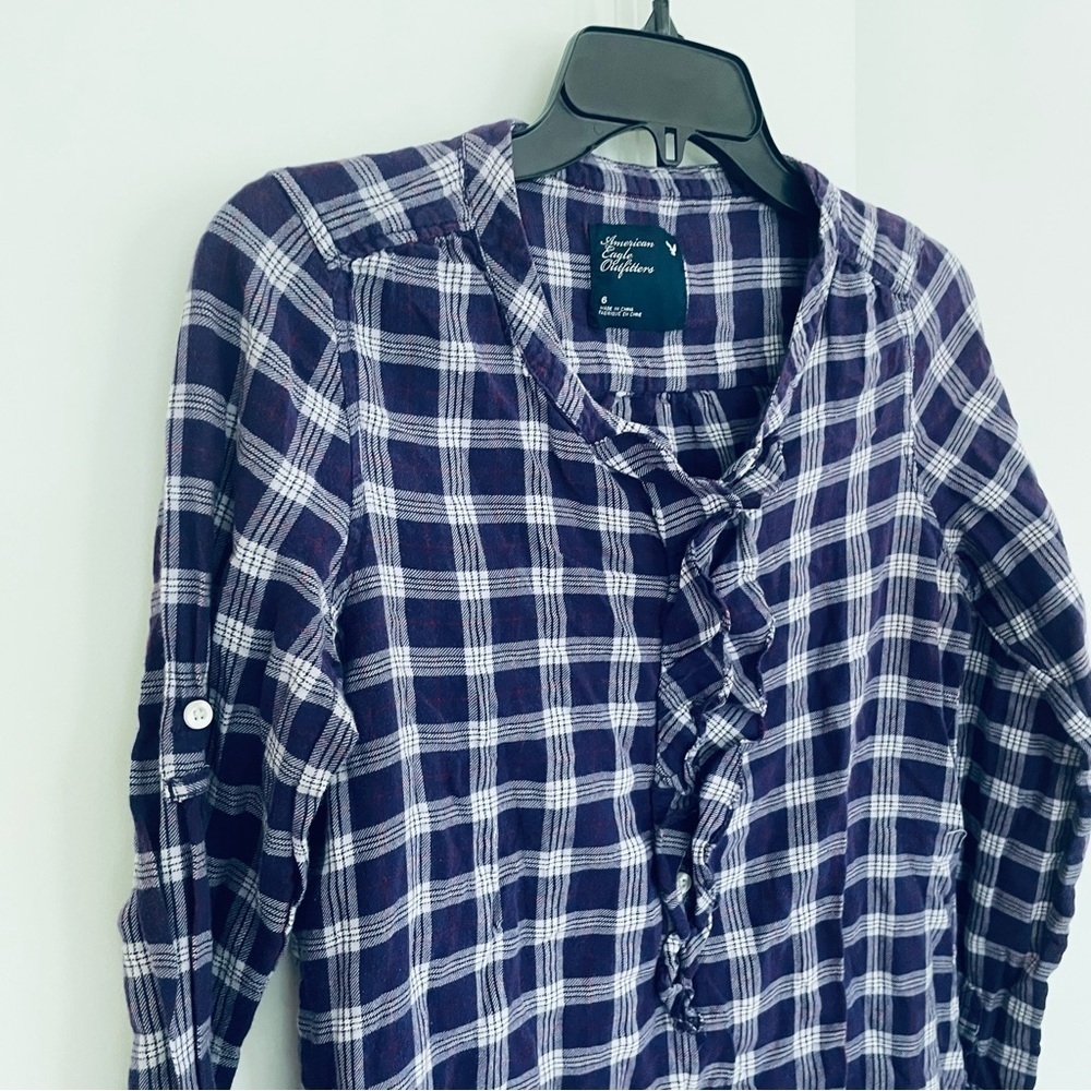 AEO Cotton Plaid Ruffle Neck Long Sleeve Top Purple Size 6 - Picture 3 of 11